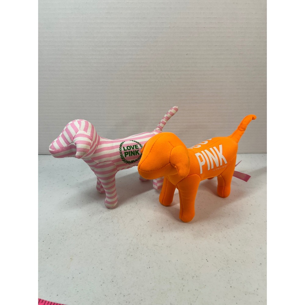 Victorias Secret PINK Plush Dog Lot Pink White Stripe Orange 1986 Logo 2pc Set